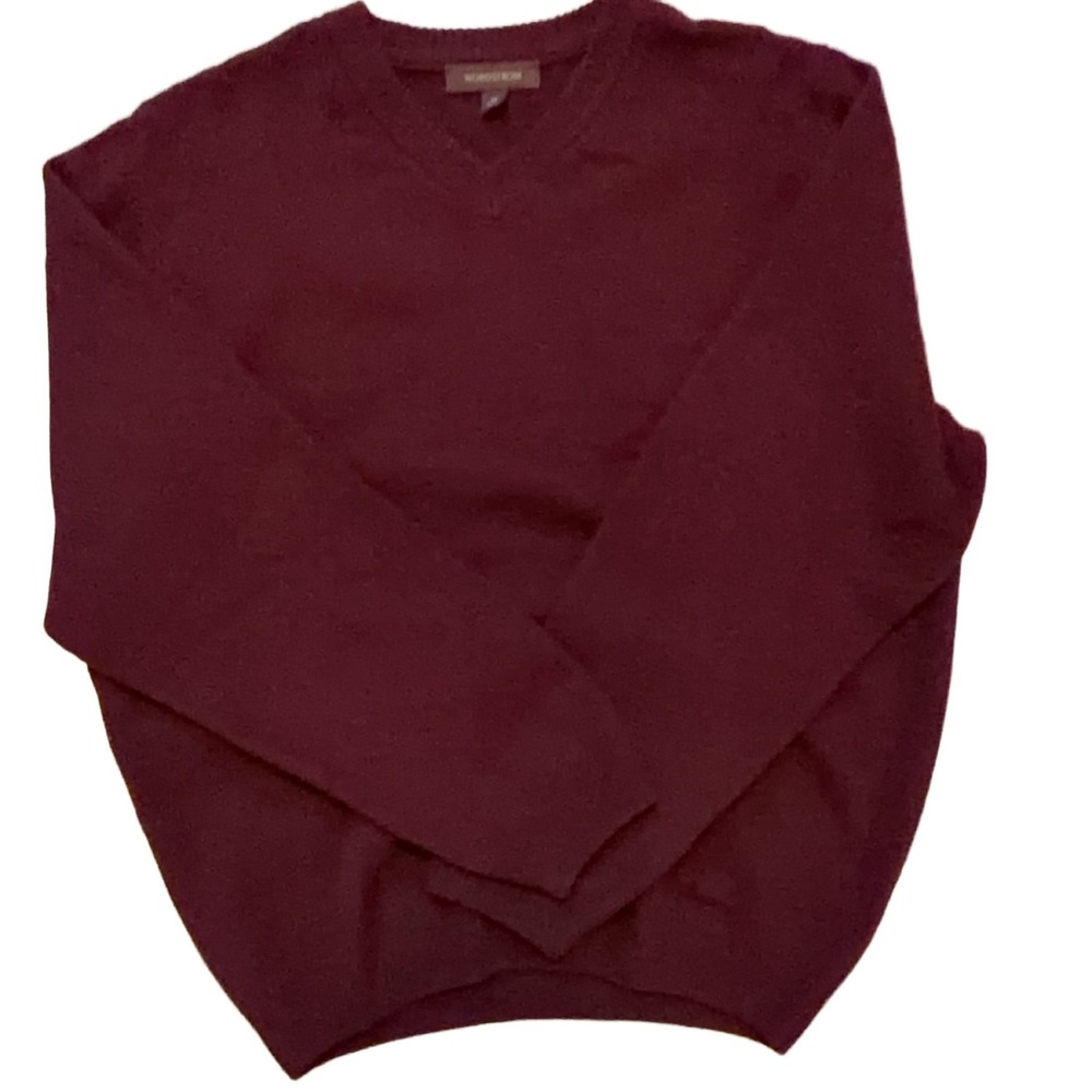 Nordstrom V-Neck Sweater Burgundy M 100% Lambswool Pullover